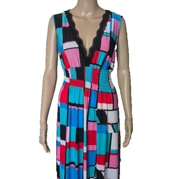 Julia Maxi Dress multicolor V Neck smocked waist sleeveless Silk Blend size M/L - Picture 4 of 8